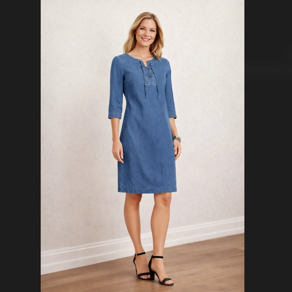 Talbots Chambray Denim Dress 4P Petite Blue Lace Up Shift 3/4 Sleeve Cotton FLAW